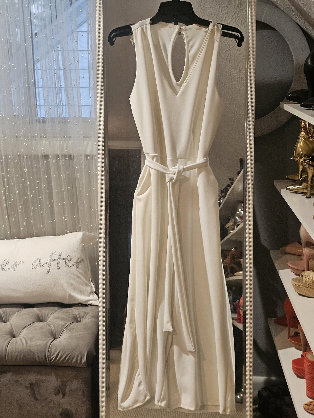Sleeveless Cream Belted V-Neck Jumpsuit